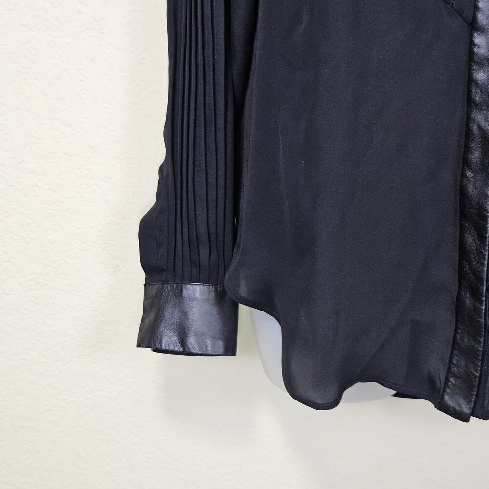 Haute Hippie 100% Silk Blouse S Leather Trim Tuxedo Pintuck Black Sheer Luxury - Picture 5 of 16